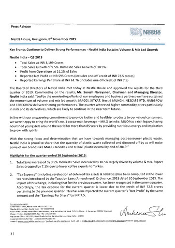 Miniature Nestlé India Rapport financier 2019-q3