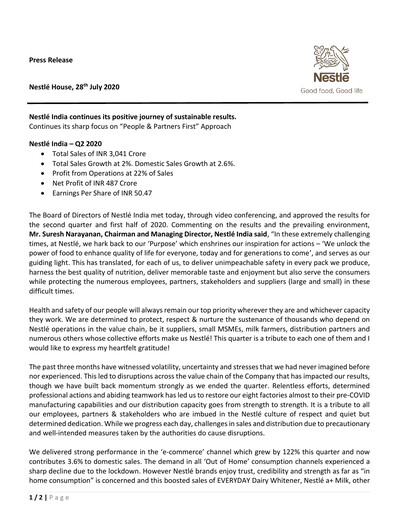 Miniature Nestlé India Rapport financier 2020-q2