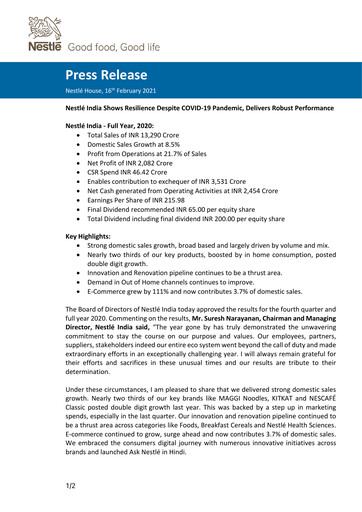 Miniature Nestlé India Rapport financier 2020