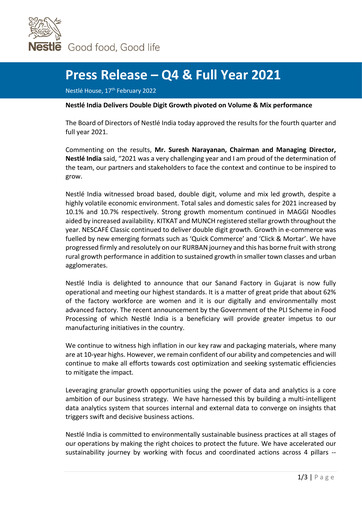 Miniature Nestlé India Rapport financier 2021