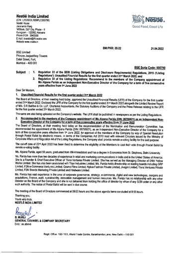 Miniature Nestlé India Rapport financier 2022-q1