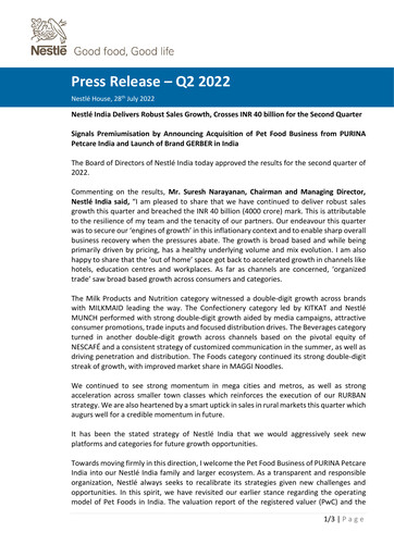 Miniature Nestlé India Rapport financier 2022-q2