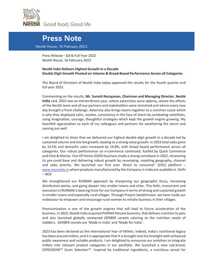 Miniature Nestlé India Rapport financier 2022