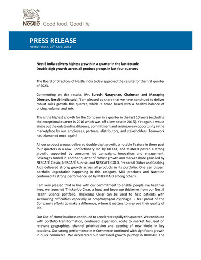 Miniature Nestlé India Rapport financier 2023-q1