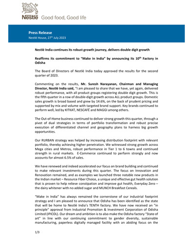 Miniature Nestlé India Rapport financier 2023-q2