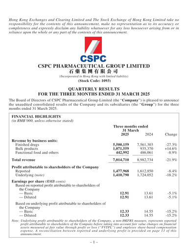Thumbnail CSPC Pharmaceutical Group Limited Quarterly Report 2025-q1