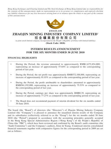 Thumbnail Zhaojin Mining Industry Company Half-year Report 2010-h1