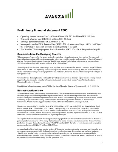 Thumbnail Avanza Bank Financial Statement 2005