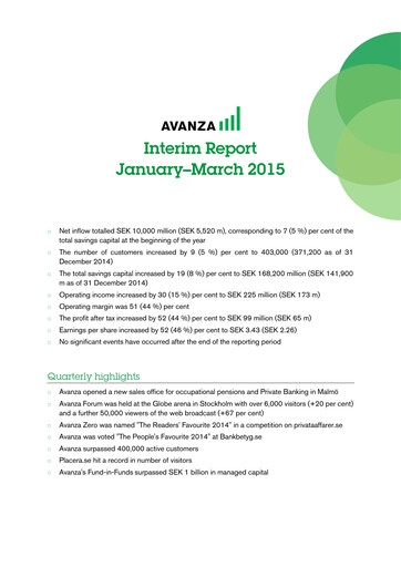 Vorschaubild Avanza Bank Quartalsbericht 2015-q1