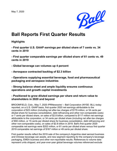 Thumbnail Ball Corporation
 Quarterly Report 2020-q1