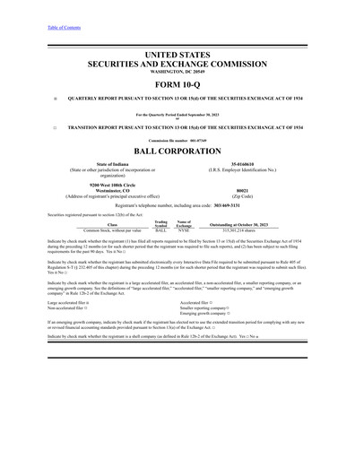 Thumbnail Ball Corporation
 Quarterly Report 2023-q3