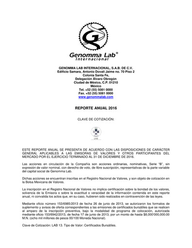 Thumbnail Genomma Lab Internacional Annual Report 2016