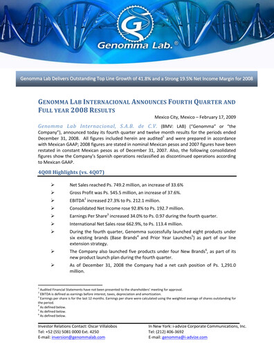 Thumbnail Genomma Lab Internacional Financial Statement 2008