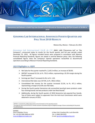 Thumbnail Genomma Lab Internacional Financial Statement 2010