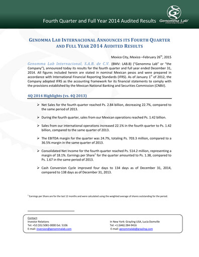 Thumbnail Genomma Lab Internacional Financial Statement 2014