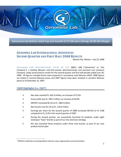 Thumbnail Genomma Lab Internacional Quarterly Report 2008-q2