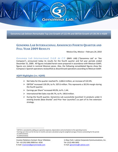 Thumbnail Genomma Lab Internacional Quarterly Report 2009-q4