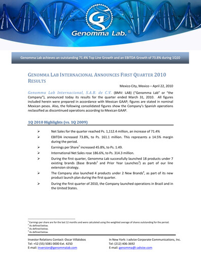 Thumbnail Genomma Lab Internacional Quarterly Report 2010-q1