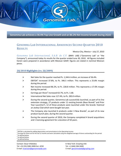 Thumbnail Genomma Lab Internacional Quarterly Report 2010-q2