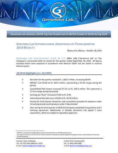 Thumbnail Genomma Lab Internacional Quarterly Report 2010-q3