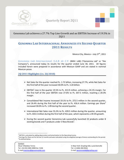 Thumbnail Genomma Lab Internacional Quarterly Report 2011-q2