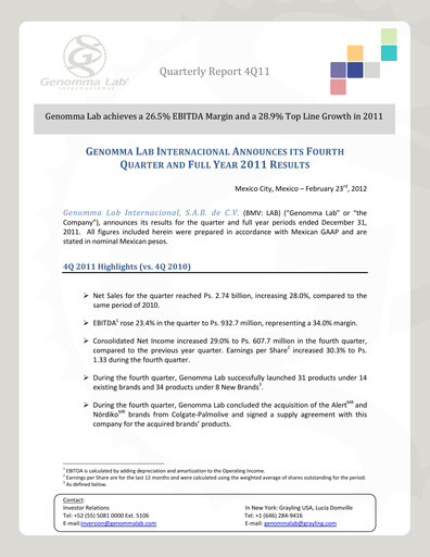 Thumbnail Genomma Lab Internacional Quarterly Report 2011-q4