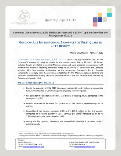 Thumbnail Genomma Lab Internacional Quarterly Report 2012-q1