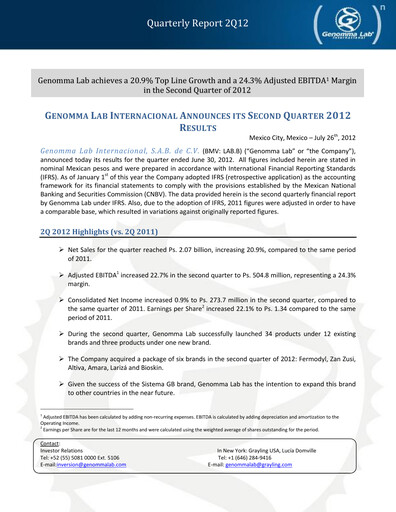 Thumbnail Genomma Lab Internacional Quarterly Report 2012-q2