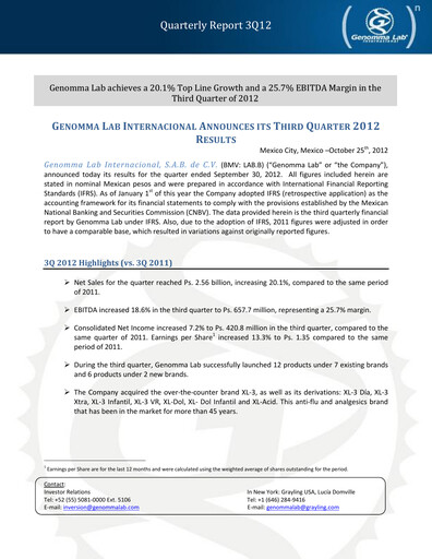 Thumbnail Genomma Lab Internacional Quarterly Report 2012-q3