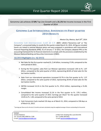 Thumbnail Genomma Lab Internacional Quarterly Report 2014-q1