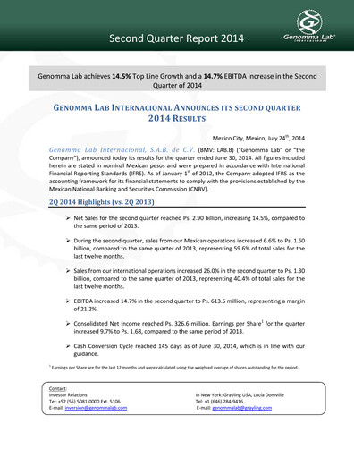 Thumbnail Genomma Lab Internacional Quarterly Report 2014-q2