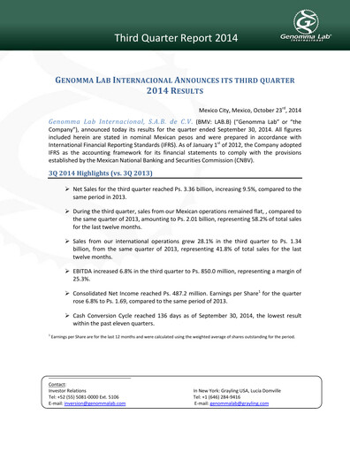 Thumbnail Genomma Lab Internacional Quarterly Report 2014-q3
