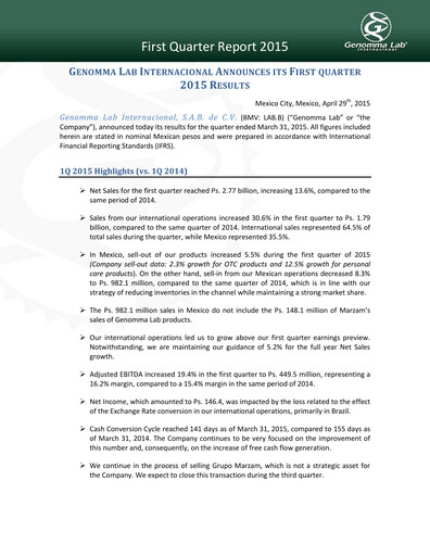 Thumbnail Genomma Lab Internacional Quarterly Report 2015-q1