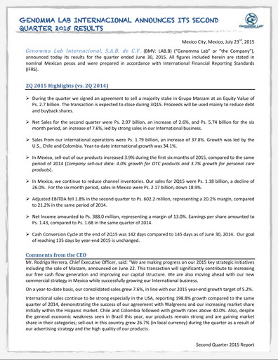 Thumbnail Genomma Lab Internacional Quarterly Report 2015-q2