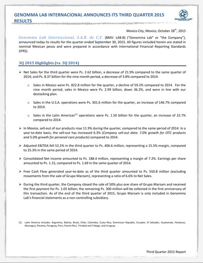 Thumbnail Genomma Lab Internacional Quarterly Report 2015-q3