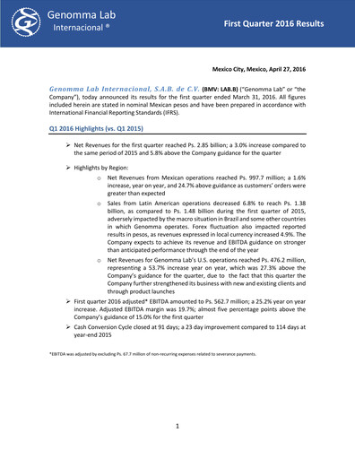 Thumbnail Genomma Lab Internacional Quarterly Report 2016-q1