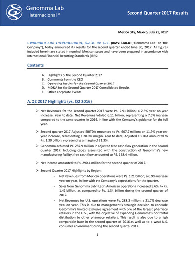 Thumbnail Genomma Lab Internacional Quarterly Report 2017-q2