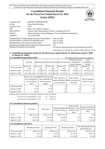 Thumbnail Subaru Financial Report 2025-2026