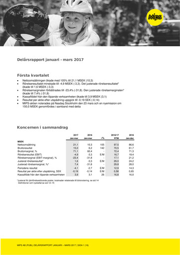 Vorschaubild Mips AB Quartalsbericht 2017-q1