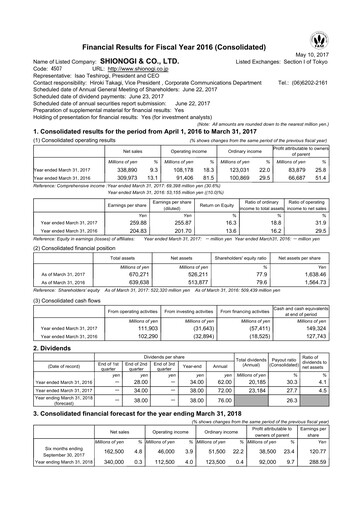 Thumbnail Shionogi
 Financial Statement fy2016