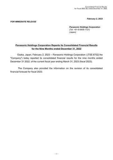 Miniature Panasonic Rapport financier 2022-9m