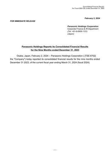 Miniature Panasonic Rapport financier 2023-9m