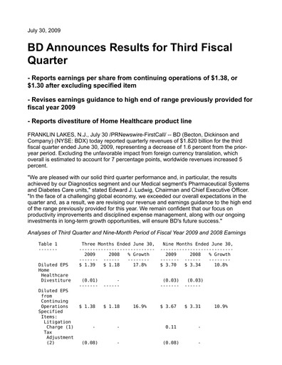 Thumbnail Becton Dickinson Quarterly Report 2009-q3