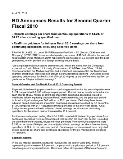 Thumbnail Becton Dickinson Quarterly Report 2010-q2