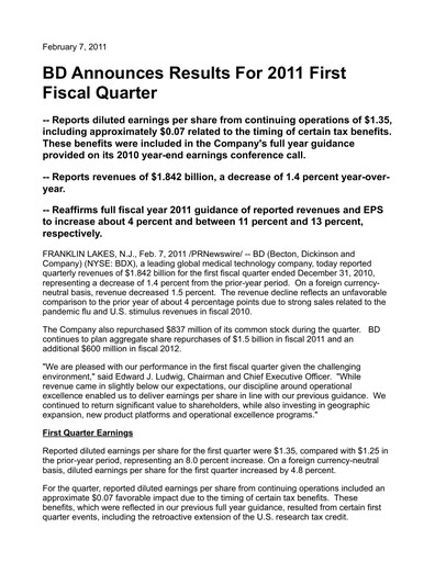 Thumbnail Becton Dickinson Quarterly Report 2011-q1