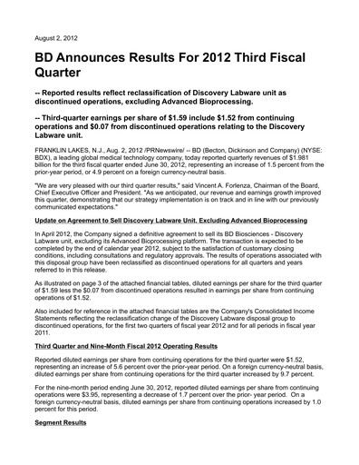 Thumbnail Becton Dickinson Quarterly Report 2012-q3
