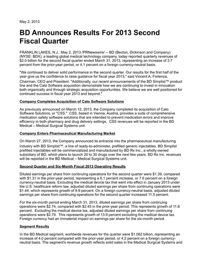 Thumbnail Becton Dickinson Quarterly Report 2013-q2