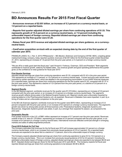 Thumbnail Becton Dickinson Quarterly Report 2015-q1