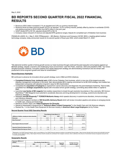 Thumbnail Becton Dickinson Quarterly Report 2022-q2