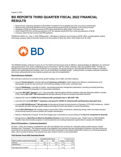 Thumbnail Becton Dickinson Quarterly Report 2022-q3